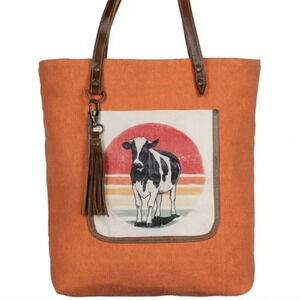 NWT Canvas Leather Orange Cow Tote Bag